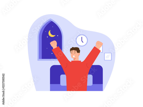 Muslim man waking up early at midnight. Fasting ramadan illustration. Flat vector illustration concept.