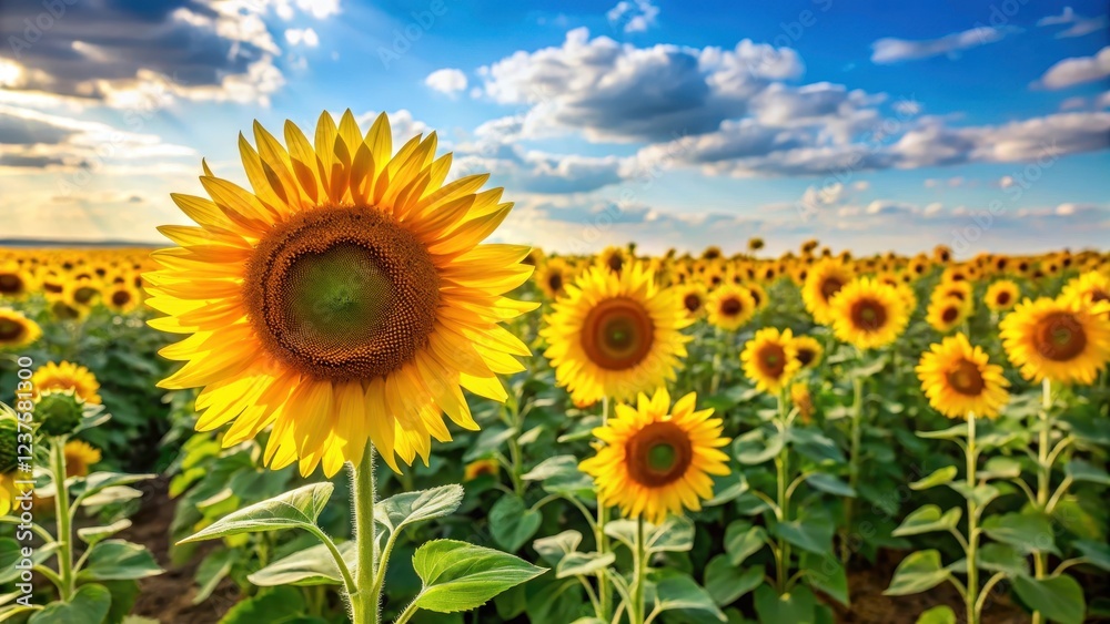 Vibrant sunflower field with tall yellow blooms swaying gently in summer breeze, flowers, fields,  flowers