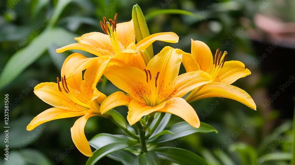 Bright yellow lilies with detailed petals against a lush green garden background vibrant bloom : Generative AI Bright yellow lilies with detailed petals against a lush green garden background vibrant bloom : Generative AI