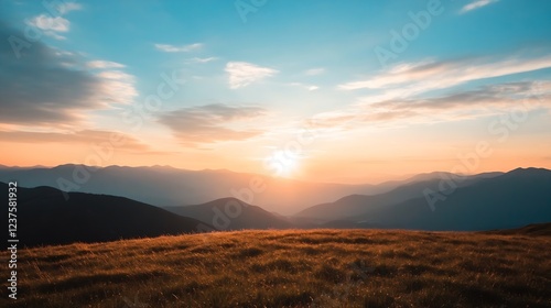 Breathtaking mountain sunrise with golden skies and majestic peaks : Generative AI