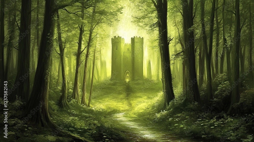 Obraz premium Forest path leads to hidden castle, sunlight dappled, fantasy illustration, game design
