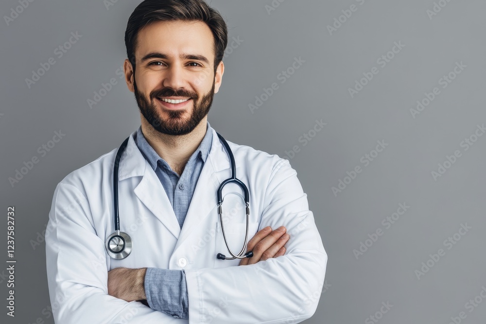Smiling male doctor with arms crossed in a grey studio Smiling male doctor with arms crossed in a grey studio