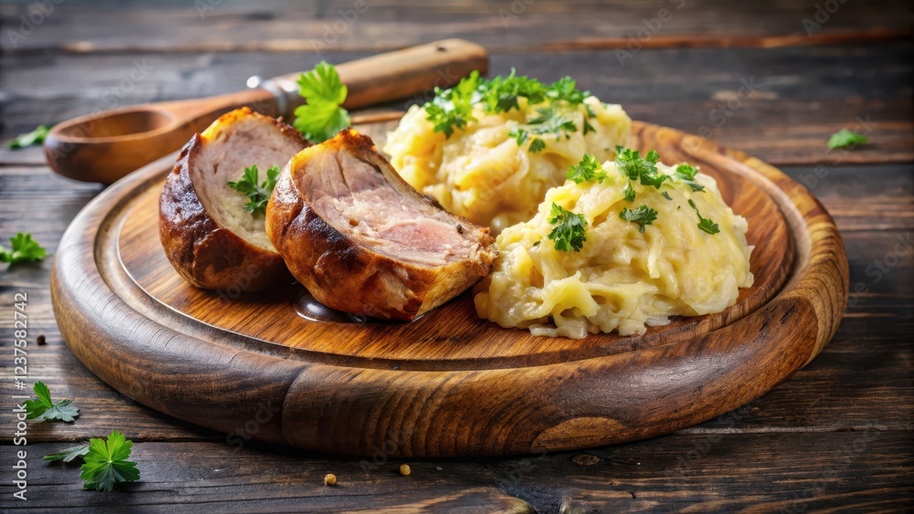tender knuckle of pork served with tangy sauerkraut and creamy potato mash on a rustic wooden plate, potato tender knuckle of pork served with tangy sauerkraut and creamy potato mash on a rustic wooden plate, potato