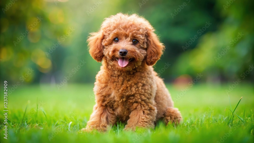 A playful red toy poodle puppy sitting on a lush green grass with its legs stretched out and tail wagging happily , pet, nature A playful red toy poodle puppy sitting on a lush green grass with its legs stretched out and tail wagging happily , pet, nature