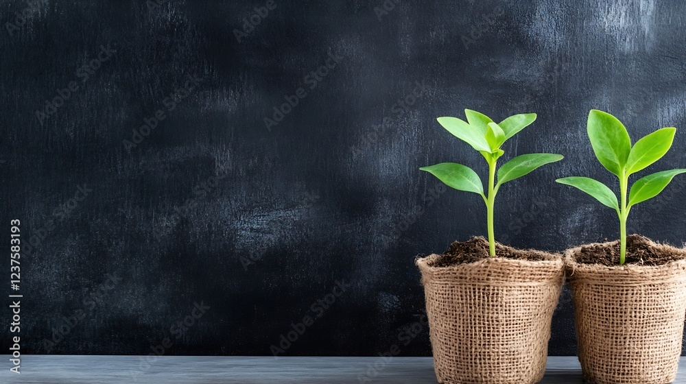 Sprouting Green Seedlings in Burlap Pots against Dark Chalkboard Texture : Generative AI Sprouting Green Seedlings in Burlap Pots against Dark Chalkboard Texture : Generative AI