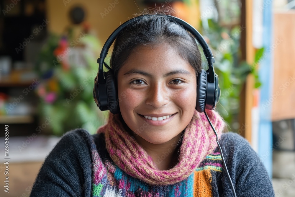 Smiling Peruvian woman in headphones working at a call center Smiling Peruvian woman in headphones working at a call center
