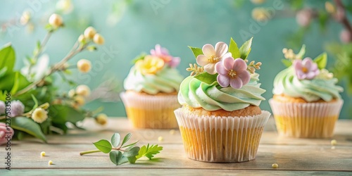 Fototapeta Naklejka Na Ścianę i Meble -  Pastel-colored flowers and butterflies on a spring-themed cupcake with greenery and golden accents, flowers, colorful