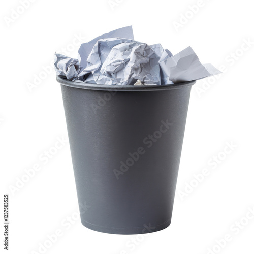 black trash bin filled with crumpled paper waste, symbolizing clutter and recycling. This conveys importance of waste management and organization
