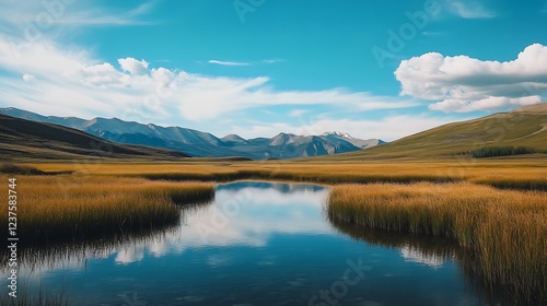 Breathtaking Mountain Landscape with Lush Grass and Reflective Lake Under Blue Sky   Generative AI