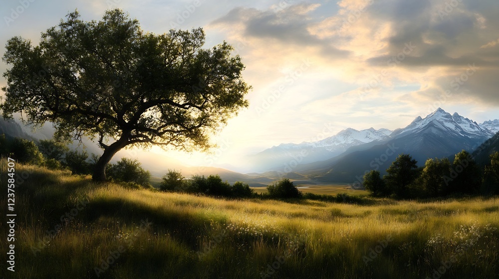 Obraz premium Majestic Tree and Snowy Mountains Under Pastel Sky in Serene Landscape : Generative AI