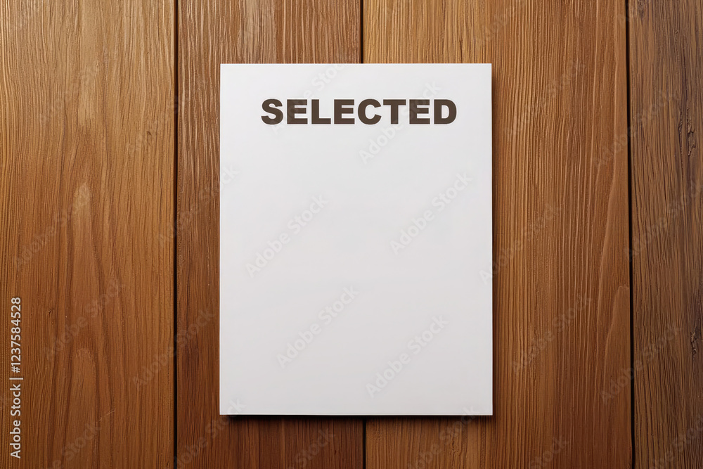 Blank white paper with the word 'SELECTED' on a wooden background, ideal for presentations or creative projects. Blank white paper with the word 'SELECTED' on a wooden background, ideal for presentations or creative projects.