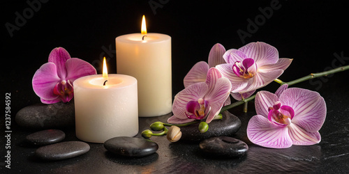 Elegant Spa Still Life Featuring Burning Candles and Orchid Flowers for Relaxation
