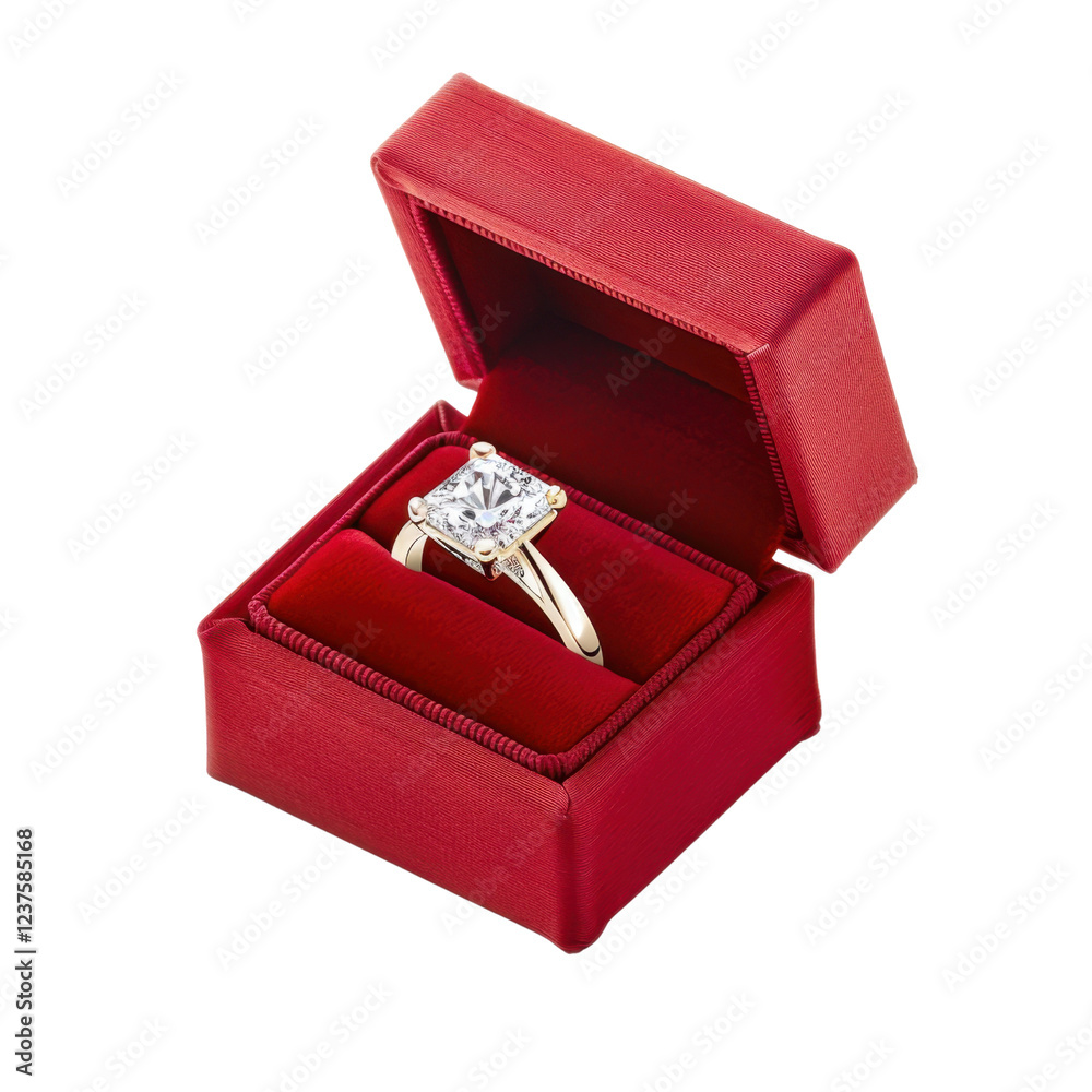 Elegant diamond ring in red velvet box, perfect for special occasions. This stunning piece features brilliant cut stone and gold band, symbolizing love and commitment Elegant diamond ring in red velvet box, perfect for special occasions. This stunning piece features brilliant cut stone and gold band, symbolizing love and commitment