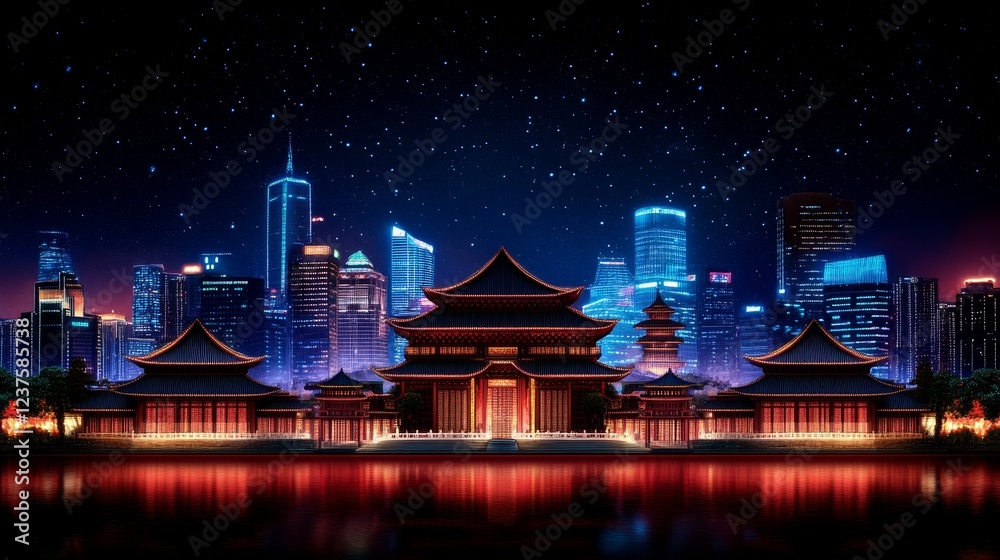 Fototapeta premium Night Cityscape with Illuminated Ancient Temple