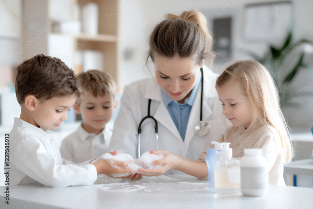  a doctor demonstrating proper handwashing techniques to children