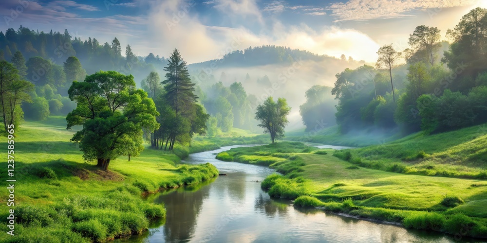 Obraz premium A serene landscape featuring lush greenery with tall trees and a meandering stream running through a misty valley