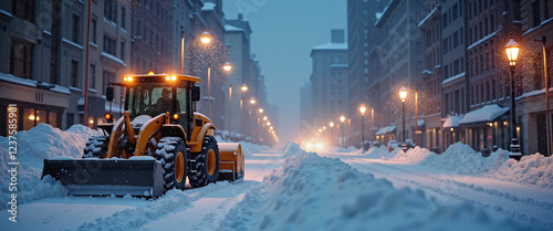 Snow-clearing tractor in a nighttime urban setting photo