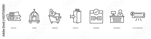 Exclusivity Premium Icon Sheet Voucher, Trolley, Bathtub, Check In, Booking, Reception, Air Conditioner