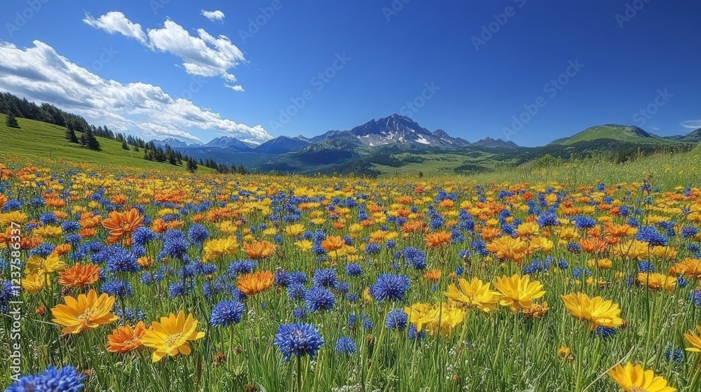 Vibrant Wildflower Meadow, Majestic Mountain backdrop Vibrant Wildflower Meadow, Majestic Mountain backdrop