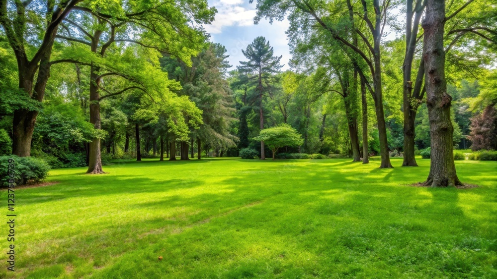 Overgrown grass lawn with weeds and tall trees in the background Overgrown grass lawn with weeds and tall trees in the background