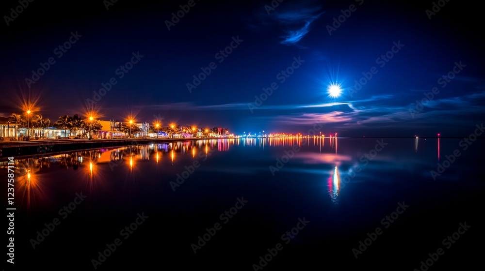 Night Lights Reflecting on Calm Coastal Waters Night Lights Reflecting on Calm Coastal Waters