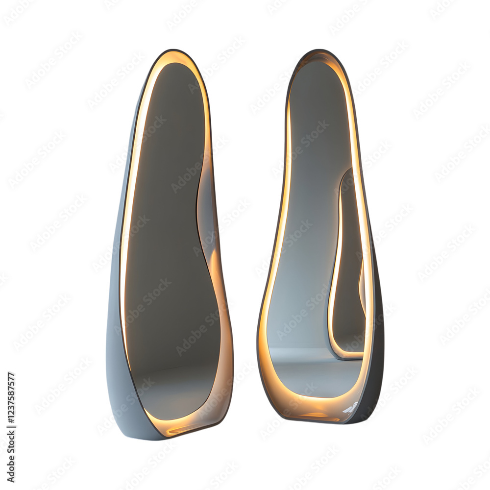 Illuminated Floor Mirrors with Modern Shapes and Glowing Shoes Isolated on Transparent Background Illuminated Floor Mirrors with Modern Shapes and Glowing Shoes Isolated on Transparent Background