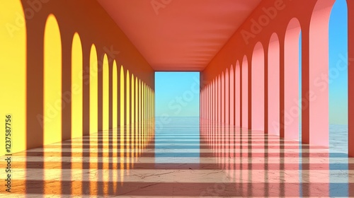 Colorful arched hallway leading to ocean view