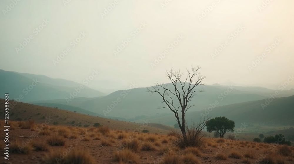 Serene landscape photograph with a soft cinematic haze; warm terracotta and cool teal tones, earthy and cool contrast, soft focus, hazy background, dreamy atmosphere. Serene landscape photograph with a soft cinematic haze; warm terracotta and cool teal tones, earthy and cool contrast, soft focus, hazy background, dreamy atmosphere.