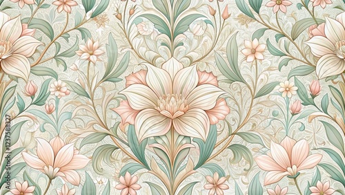 Elegant floral design featuring blooming blossoms in soft pastel colors, creating a seamless and intricate art nouveau pattern , seamless pattern, art nouveau style