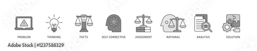 Critical thinking icon set flow process which consists of solution, analysis, self corrective, rational, judgement, facts, thinking, problem icon live stroke and easy to edit .
