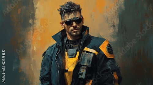 Obraz na płótnie Cyberpunk Male Character Portrait Futuristic Soldier in Urban Setting w salonie
