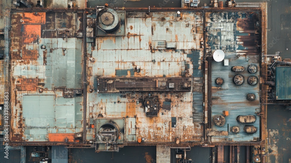 Rusty ship deck, aerial view, harbor, decay. Industrial photo Rusty ship deck, aerial view, harbor, decay. Industrial photo