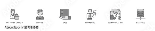 CRM icon set flow process which consists of customer loyalty, service, sale, marketing, communication, and database icon live stroke and easy to edit .