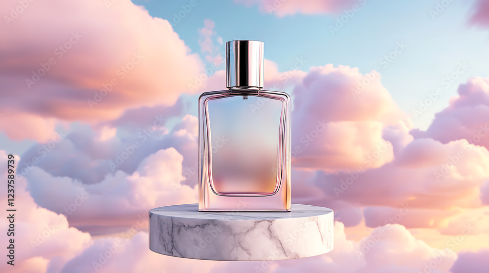 Elegant Perfume Bottle on Marble Display Against a Dreamy Sunset Sky Elegant Perfume Bottle on Marble Display Against a Dreamy Sunset Sky