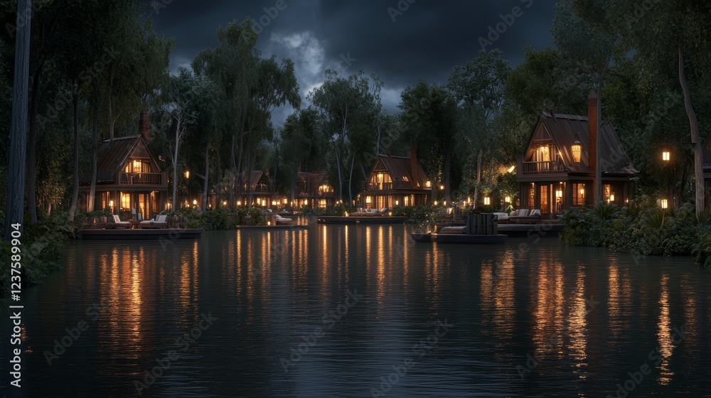Nightfall Serenity Lakeside Cabins Illuminated Nightfall Serenity Lakeside Cabins Illuminated