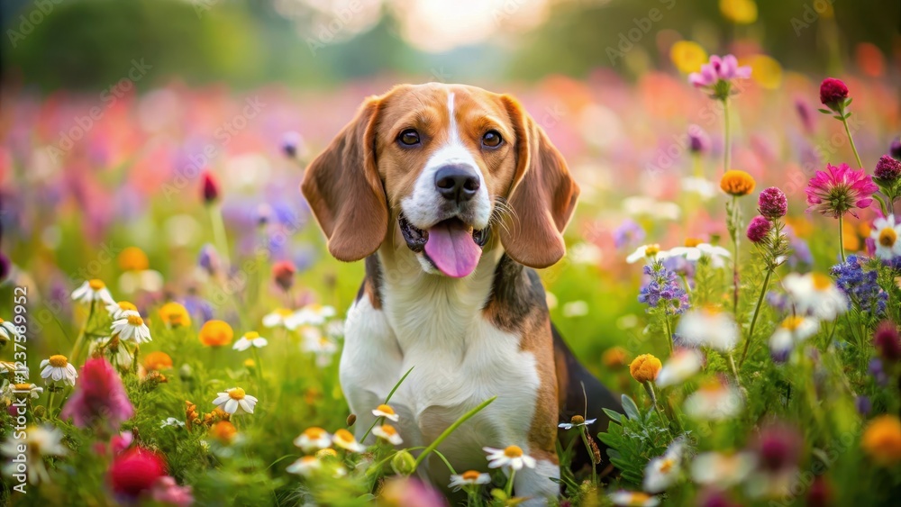 Beagle surrounded by vibrant flowers in a lush meadow, showcasing its playful nature, energetic, nature, energetic, nature Beagle surrounded by vibrant flowers in a lush meadow, showcasing its playful nature, energetic, nature, energetic, nature
