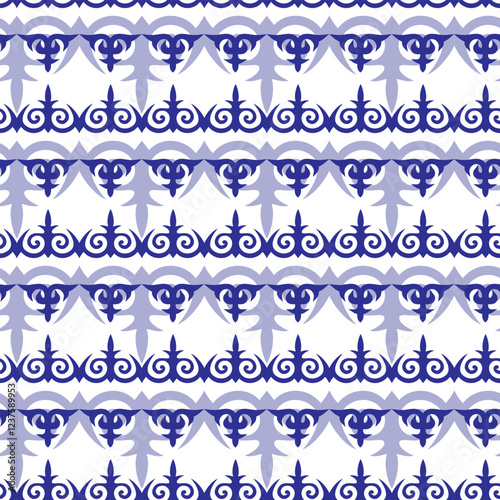 Seamless pattern with blue and white oriental ornaments. Ethnic Elegant Blue Seamless pattern for design tiles, ceramics, porcelains, embroidery, sandblasting in Eastern style. Ethnic tribal pattern