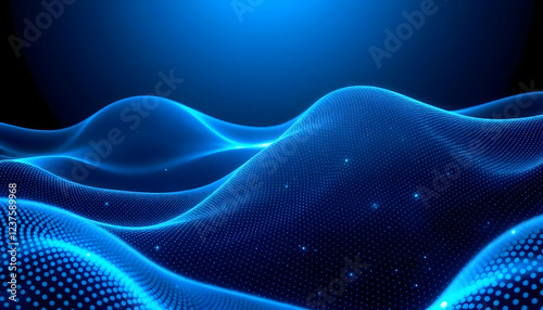 Abstract waves, neon blue, flowing energy, digital art, futuristic, glowing lines, dynamic curves, particle effect, dark background, seamless pattern, technological, 3D rendering, high contrast, smoot