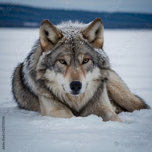 Silent Slumber: Hudson Bay Wolf Nestled in the Snowy Wilderness