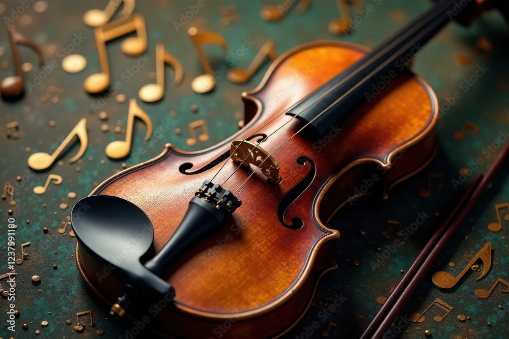 Fototapeta premium A polished violin rests among scattered musical notes, a symbol of musical artistry and passion.
