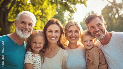 Portrait of a happy family with grandparents and parents with children smiling
