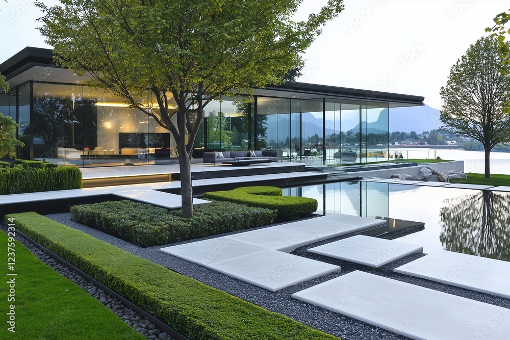 Modern home with glass-steel exterior and floating areas above an artistic garden. Modern home with glass-steel exterior and floating areas above an artistic garden.