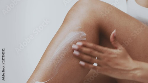 A millennial African American woman is enjoying a self-care moment at home, applying a skin moisturizer on her leg to nourish and pamper her body. The atmosphere is serene and focused.