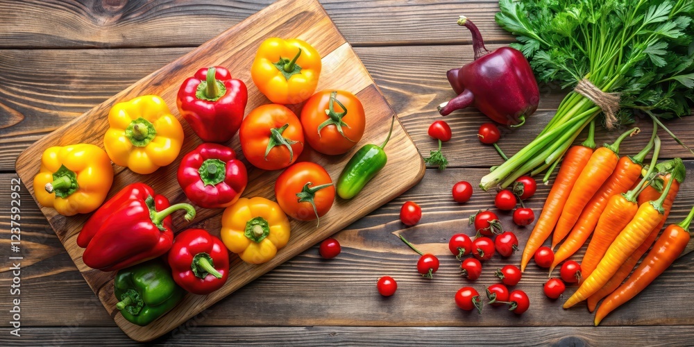 Fresh vegetable flat lay on wooden board with colorful bell peppers, cherry tomatoes, and carrots arranged in a harmonious composition, kitchen decor, vegetable platter Fresh vegetable flat lay on wooden board with colorful bell peppers, cherry tomatoes, and carrots arranged in a harmonious composition, kitchen decor, vegetable platter