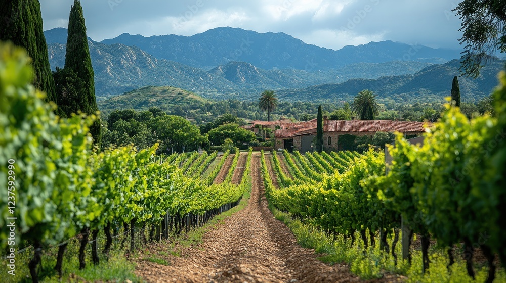 Fototapeta premium Vineyard rows leading to villa, mountain backdrop, rural landscape, wine tourism