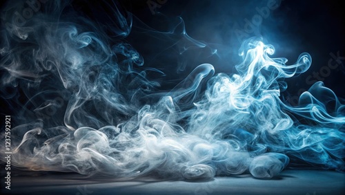 Softly glowing abstract smoke floats in the darkness of a dimly lit background, with tendrils of misty vapor curling around an invisible core, particle, mystic photo