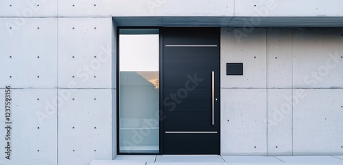 Horizontal glass window in satin black door, modern white concrete.