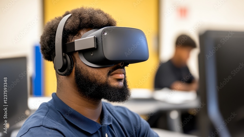 Young man wearing virtual reality headset in classroom, focused on immersive learning experience Young man wearing virtual reality headset in classroom, focused on immersive learning experience