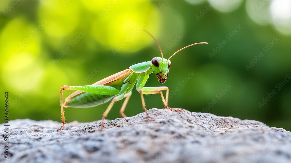 Closeup photograph of green praying mantis on stone with blurred natural background : Generative AI Closeup photograph of green praying mantis on stone with blurred natural background : Generative AI