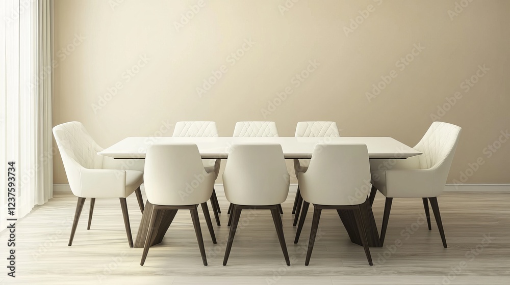Fototapeta premium A Minimalist Dining Room With A White Table And Chairs Against A Beige Wall. The Room Is Bright And Airy, Creating A Serene And Sophisticated Atmosphere.